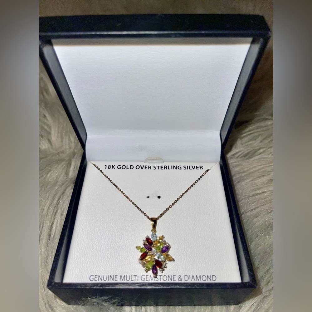 Macys Multi-Gemstone Diamond Pendant Necklace in 18k Gold-Plated Sterling Silver